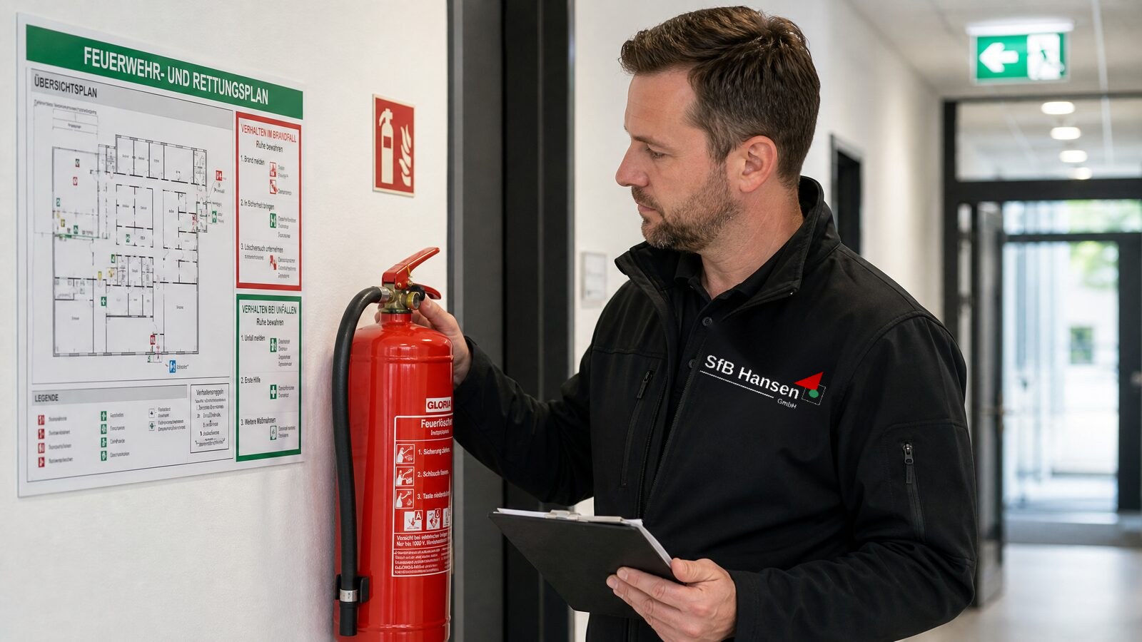 Brandschutzexperte der SfB Hansen GmbH prüft Feuerlöscher und Fluchtplan