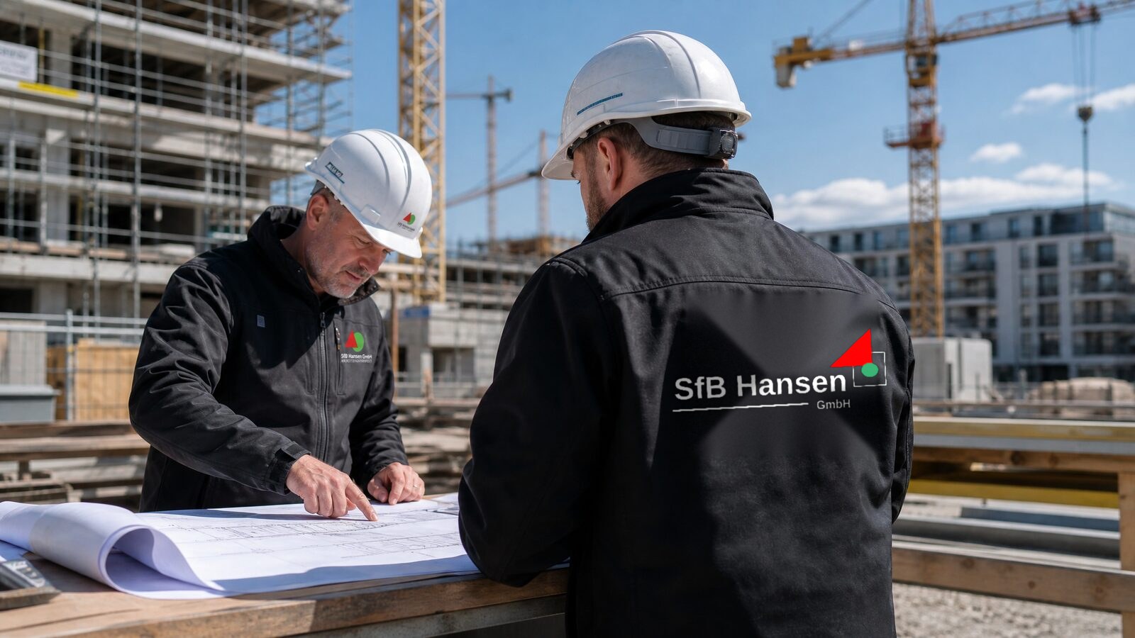 SiGeKo-Koordinatoren der SfB Hansen GmbH prüfen Baupläne auf der Baustelle