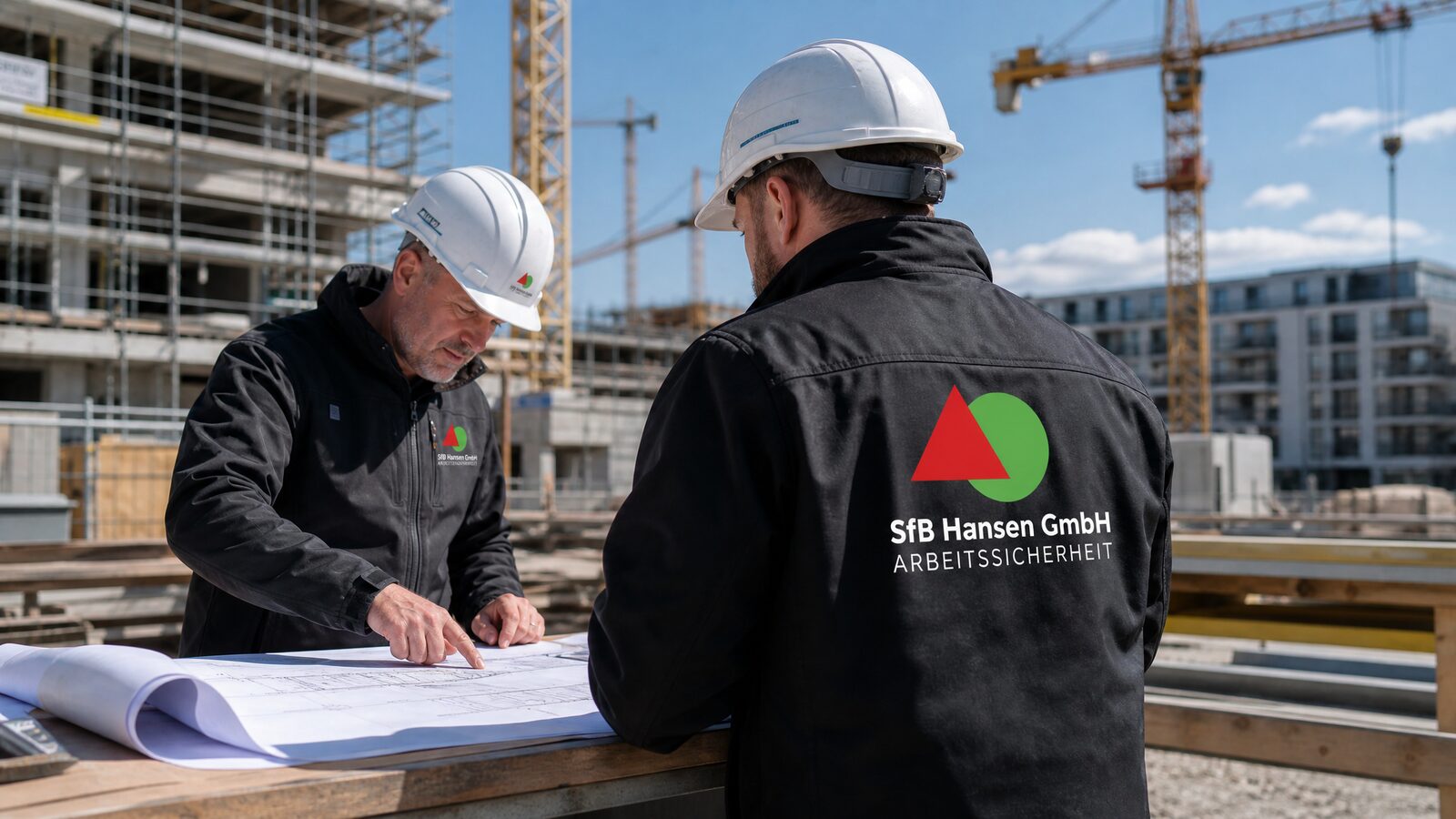 SiGeKo-Koordinatoren der SfB Hansen GmbH prüfen Baupläne auf der Baustelle